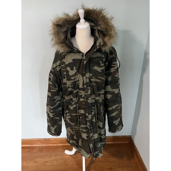 Carbon Camo Camouflage Faux Fur Hooded Puffer Jacket Streetcore coat XXL long - Picture 1 of 11